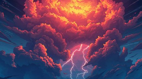This artwork features an Isekai anime-style depiction of a thunderstorm bathed in the warm glow of the setting sun. The scene