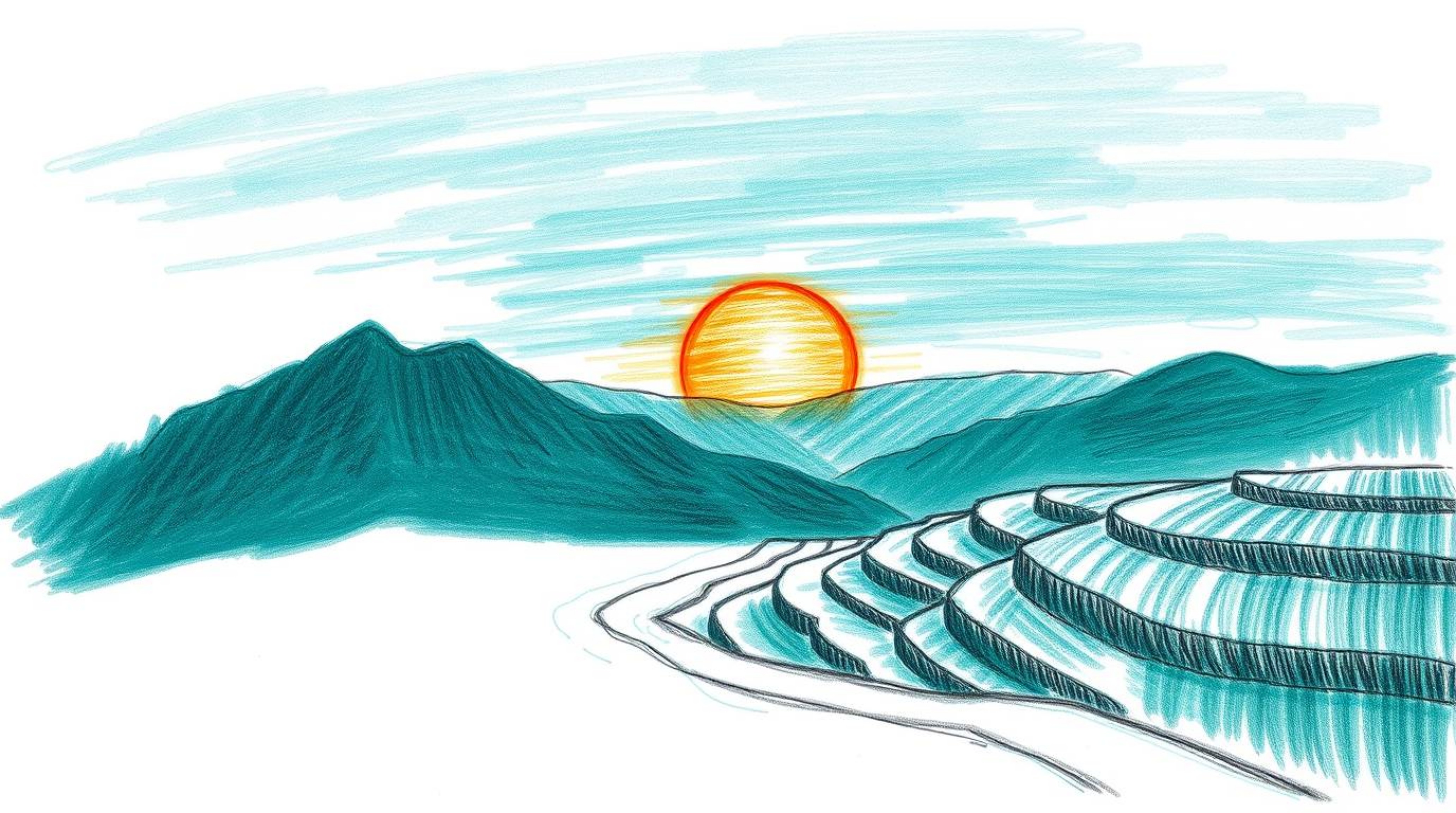 A captivating hand-drawn sketch depicting a rich, deep teal sunset over breathtaking mountainous rice terraces.  The rough pe