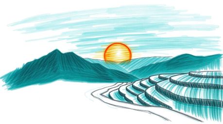 A captivating hand-drawn sketch depicting a rich, deep teal sunset over breathtaking mountainous rice terraces.  The rough pe