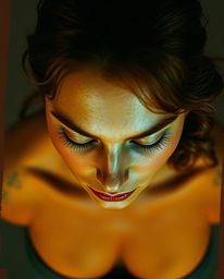 A captivating digital art portrait blending the classic style of oil painting with a modern glitch art aesthetic.  High angle