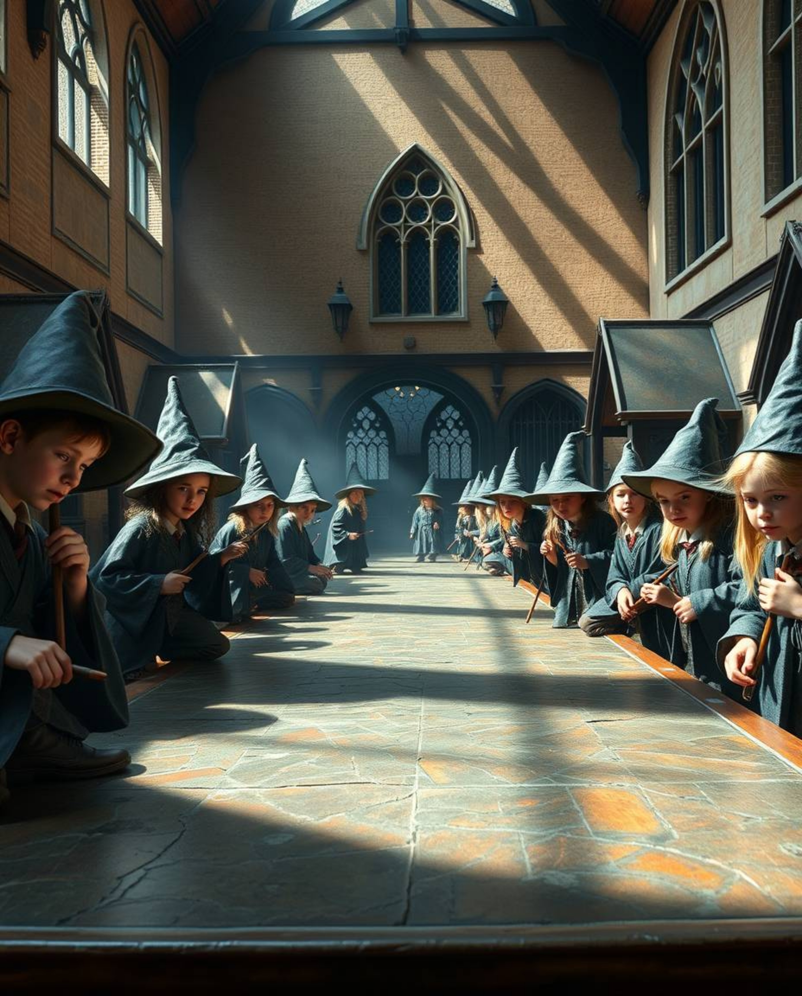 Step into a world of enchantment with this antique-style depiction of a magical school teeming with young wizards. The bronze