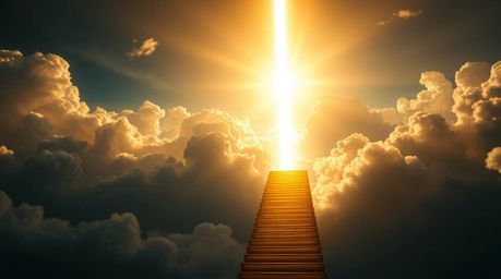 A breathtaking digital artwork depicting a golden staircase ascending through dramatic clouds towards a radiant heaven.  Sunl