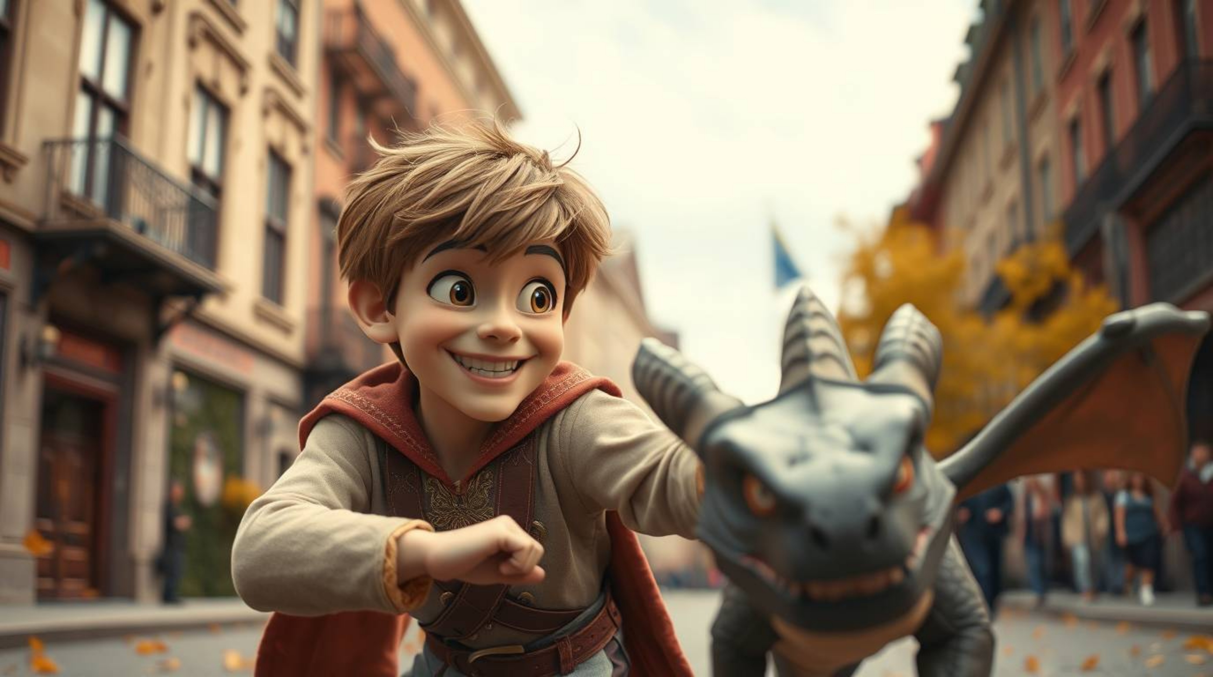A whimsical street photography-style image captures a charming prince, tousled hair and playful grin intact, unexpectedly bat
