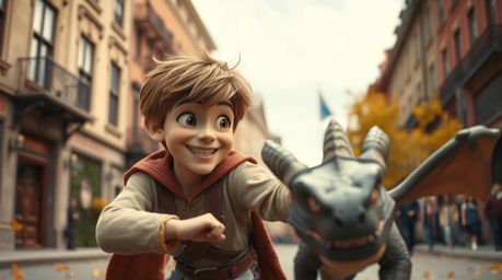 A whimsical street photography-style image captures a charming prince, tousled hair and playful grin intact, unexpectedly bat