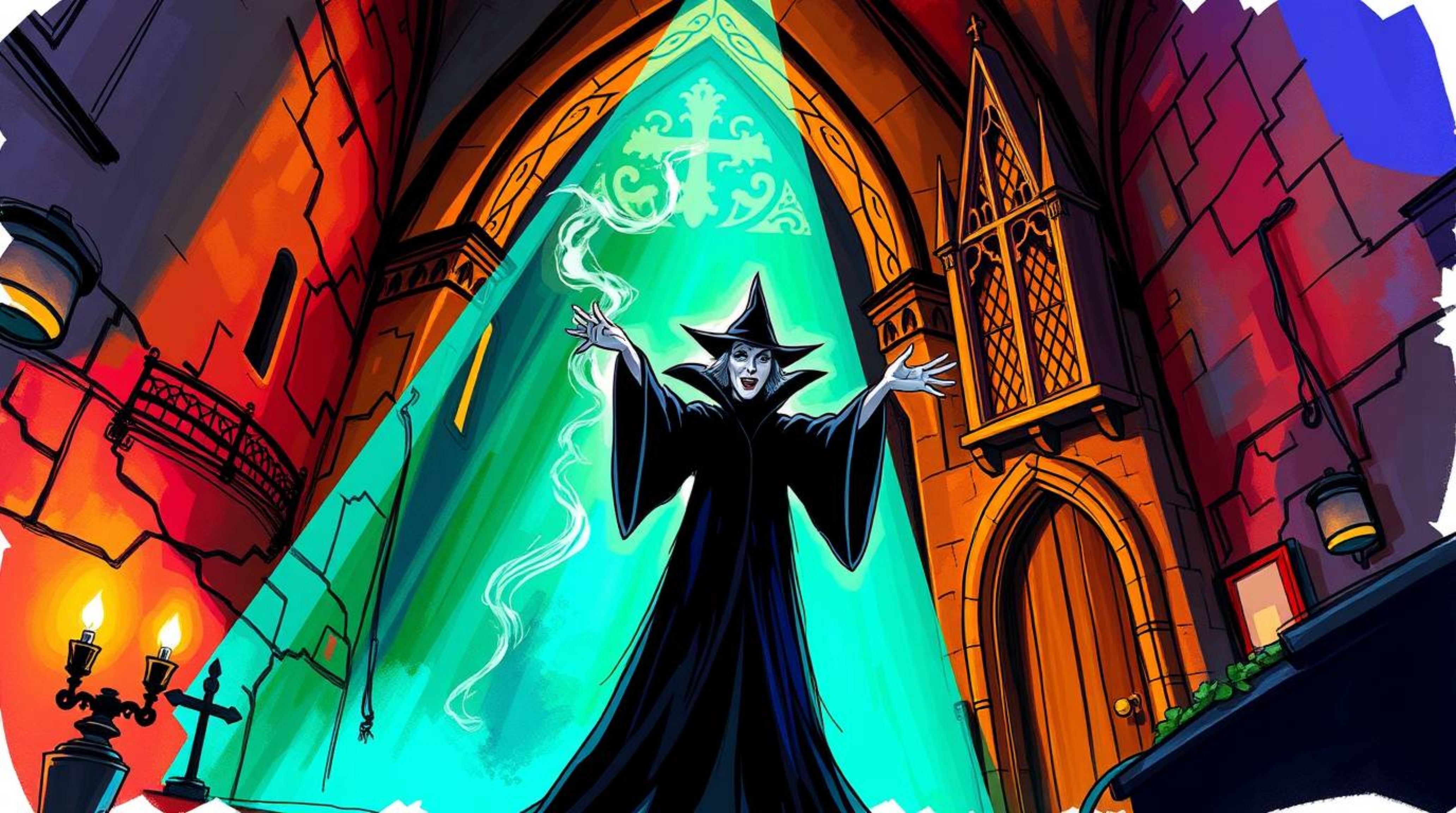 A captivating hand-drawn sketch depicts a classic Disney villain casting a spell within an ancient castle.  The artwork utili