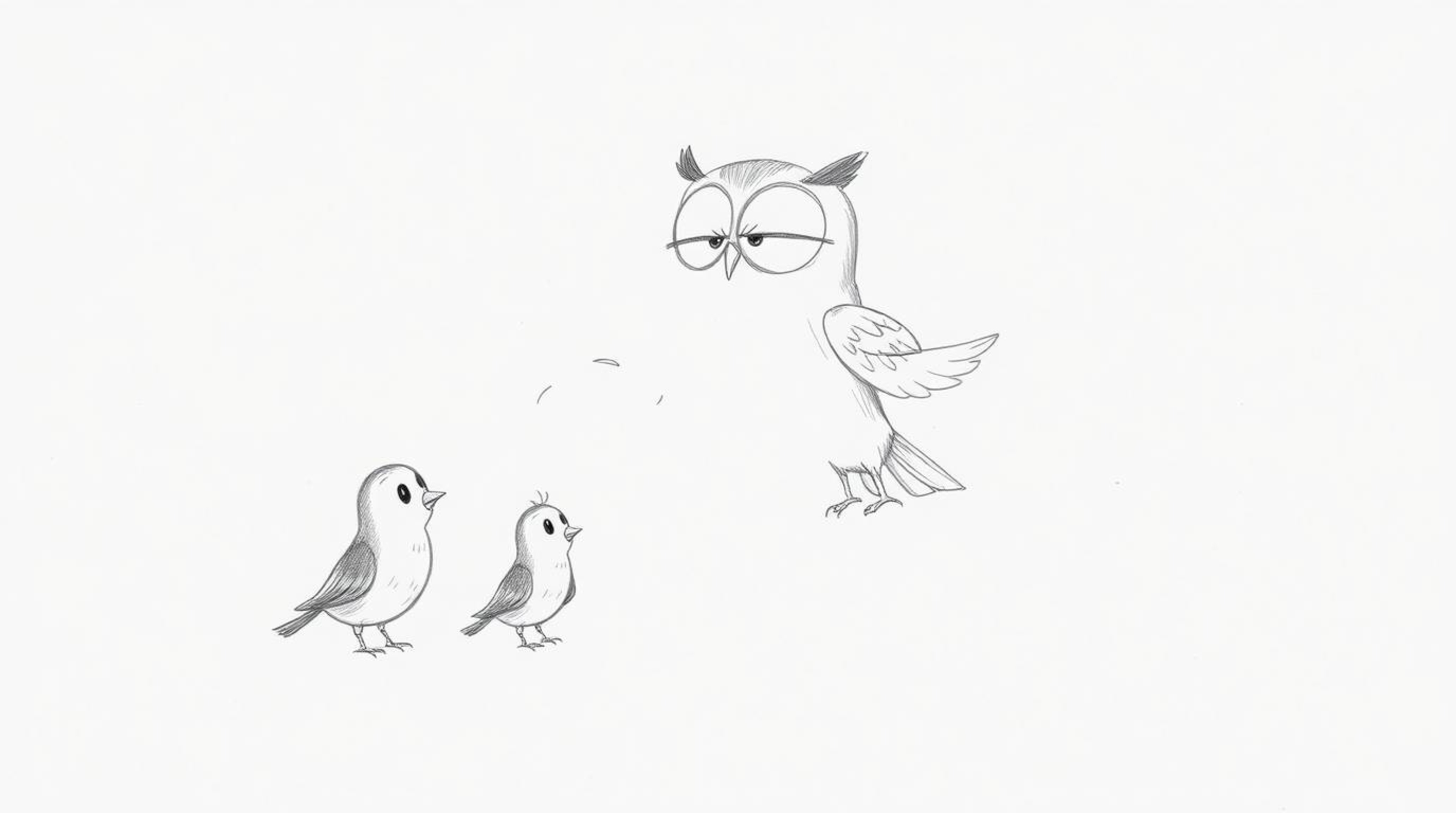 A whimsical hand-drawn sketch in the style of Pixar animation depicts a blind owl, with expressive features, teaching a group