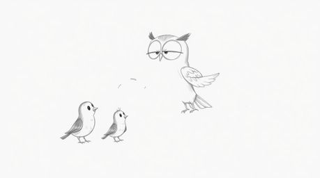 A whimsical hand-drawn sketch in the style of Pixar animation depicts a blind owl, with expressive features, teaching a group