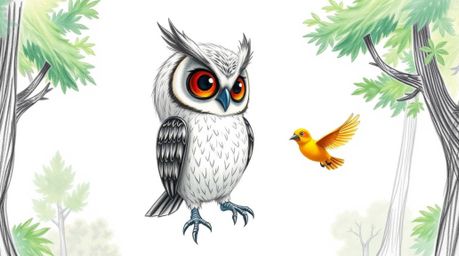 A heartwarming hand-drawn illustration in the style of Pixar depicts a blind owl patiently teaching brightly colored birds to