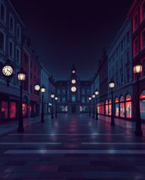 An elegant and sophisticated artwork depicting an empty town square featuring ticking clocks.  Rendered in rich burgundy and 