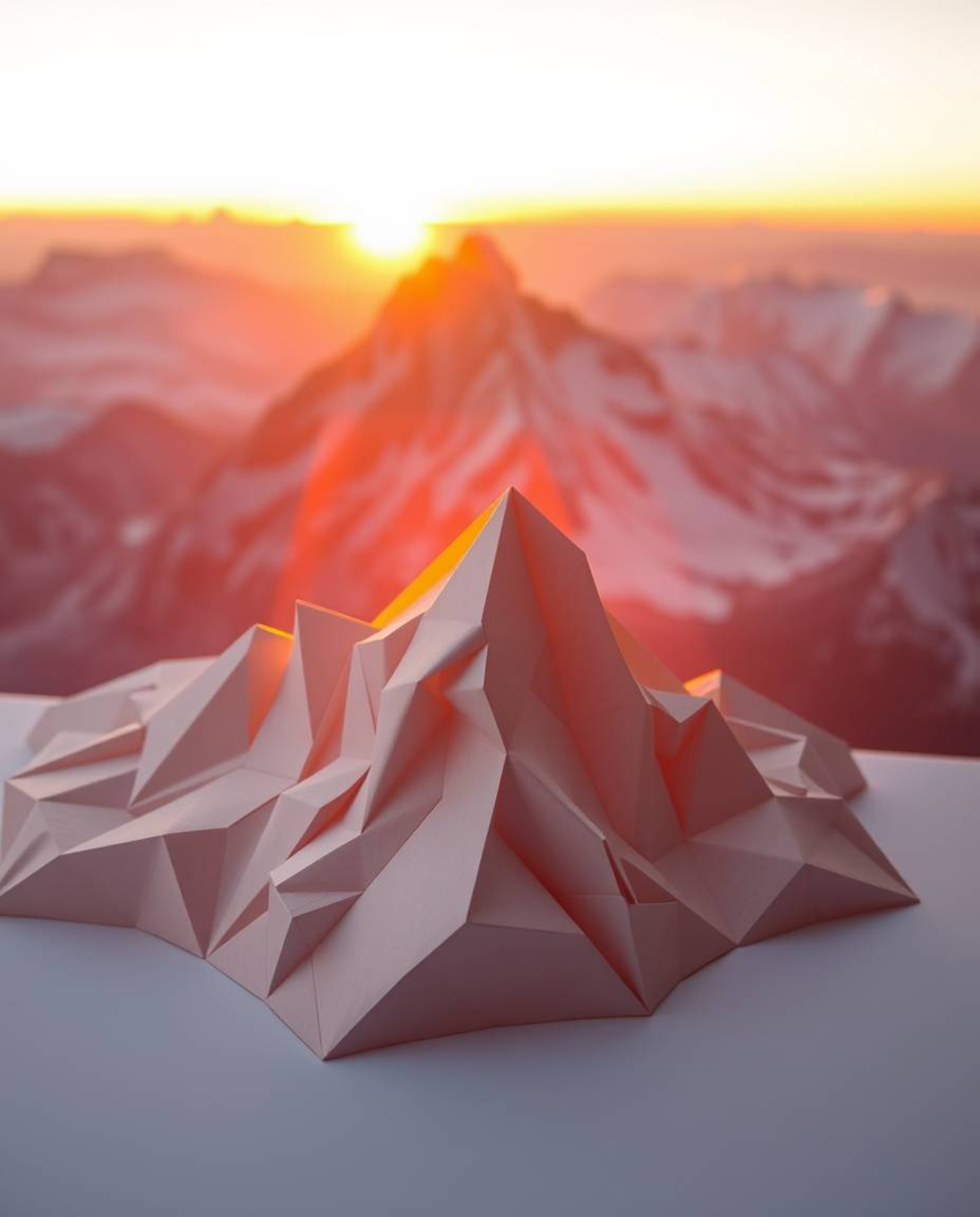 An intricate origami style depicts a stunning sunset from a high alpine peak. The entire scene is bathed in a warm golden glo