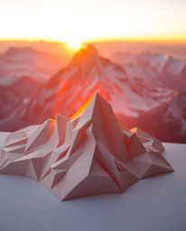 An intricate origami style depicts a stunning sunset from a high alpine peak. The entire scene is bathed in a warm golden glo