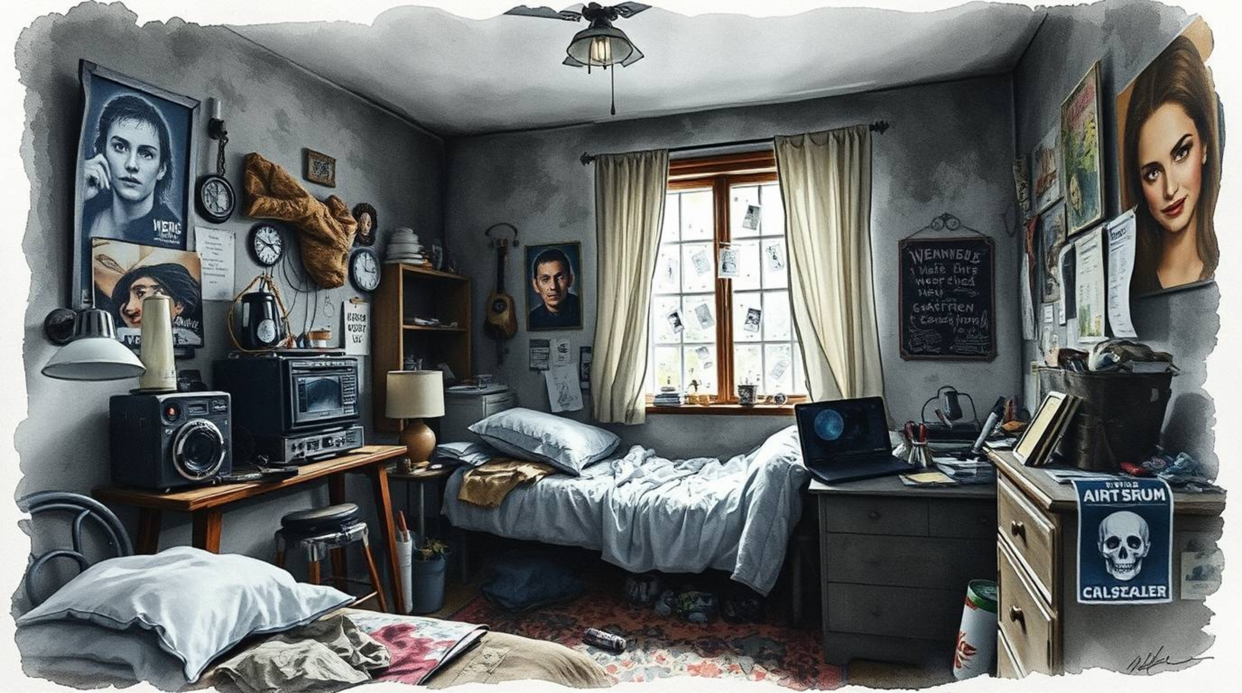 A captivating watercolor painting depicts a messy bedroom filled with strange gadgets and posters.  Dark tones and translucen