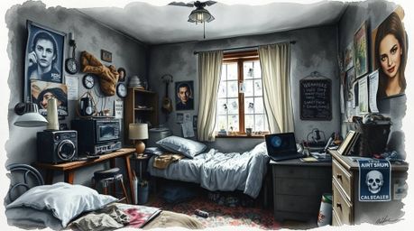 A captivating watercolor painting depicts a messy bedroom filled with strange gadgets and posters.  Dark tones and translucen