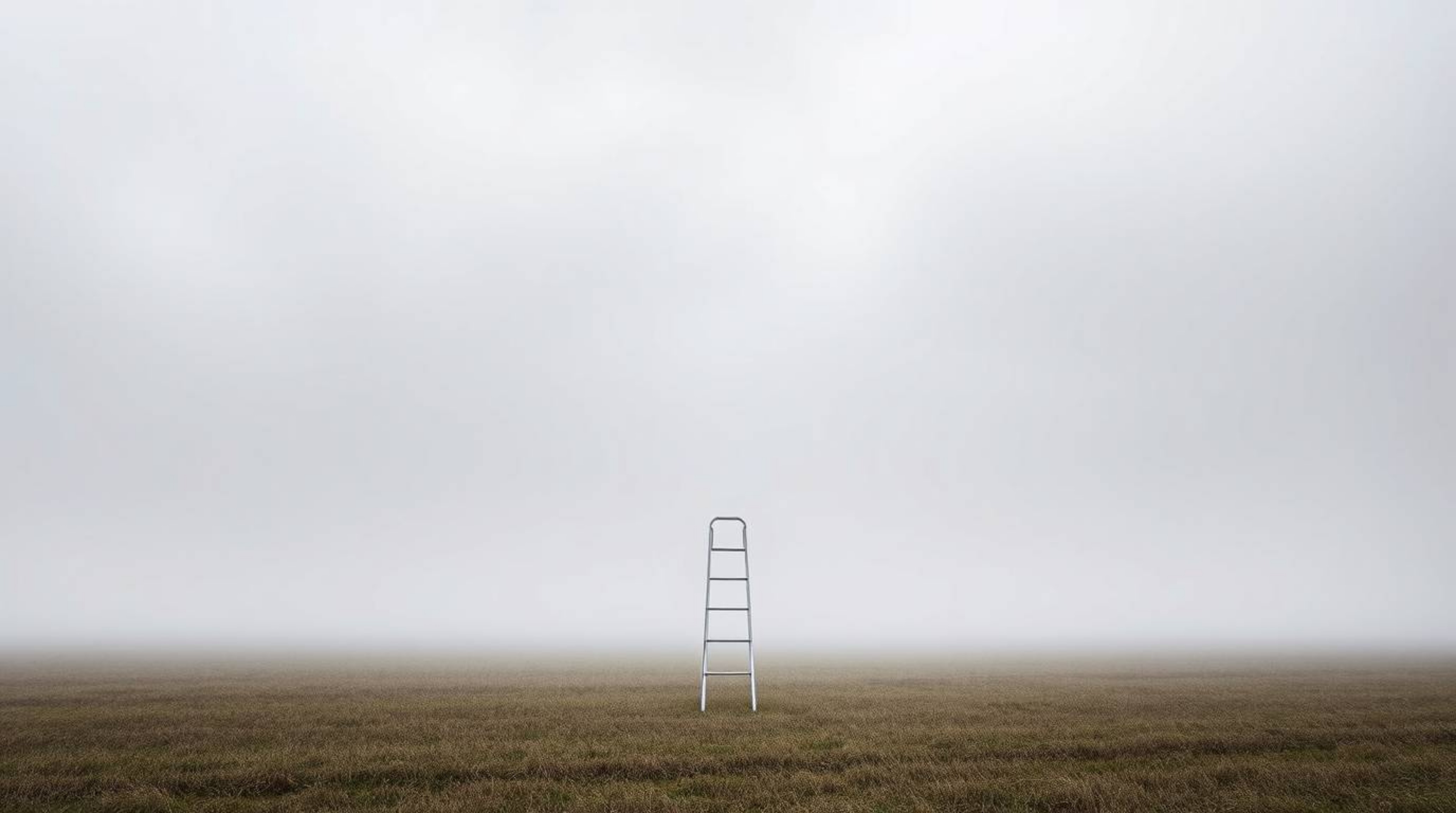 A minimalist scene featuring a silver ladder standing in a wide open field under a cloudy sky, obscured by thick fog, creates