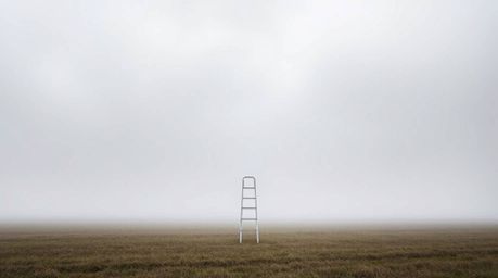 A minimalist scene featuring a silver ladder standing in a wide open field under a cloudy sky, obscured by thick fog, creates