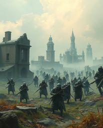 Explore a captivating battlefield where time blurs and soldiers are caught in a mystical warp. Crumbling buildings and gentle