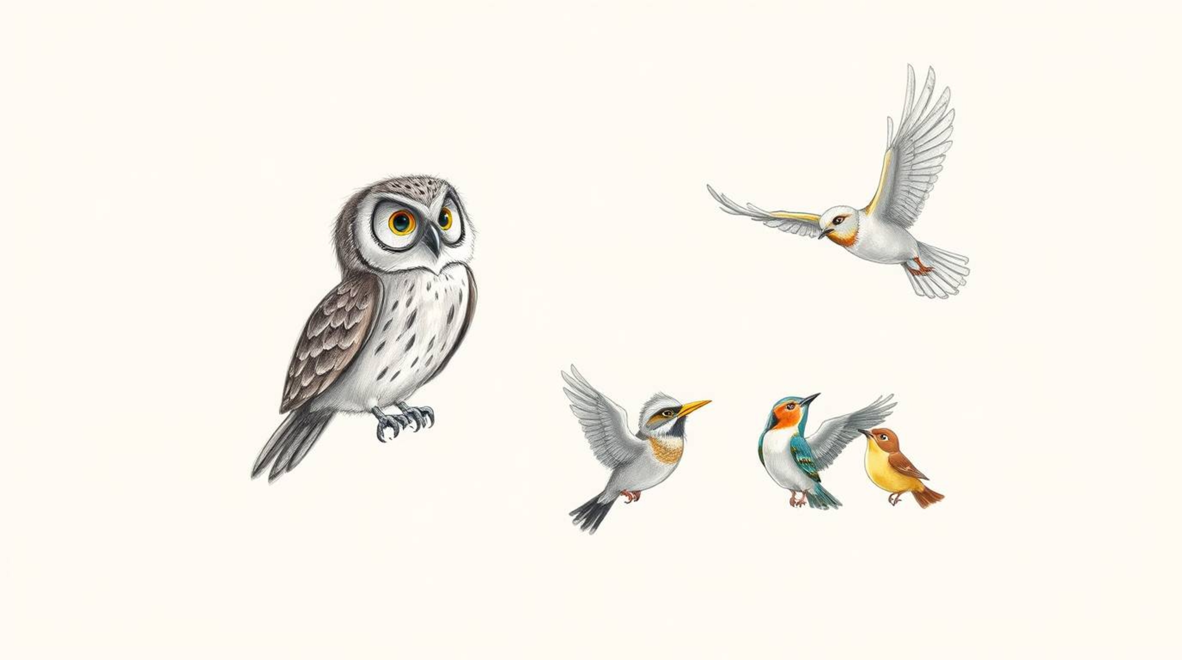 A charming hand-drawn sketch depicts a blind owl, rendered in the expressive style of Pixar, patiently guiding a diverse floc