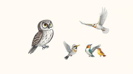 A charming hand-drawn sketch depicts a blind owl, rendered in the expressive style of Pixar, patiently guiding a diverse floc