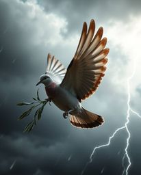 A captivating image depicting a dove carrying an olive branch amidst a turbulent, stormy sky.  Intense dramatic lighting enha
