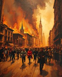 This close-up, classic oil painting depicts a chaotic scene of a city engulfed in flames, with people running in all directio