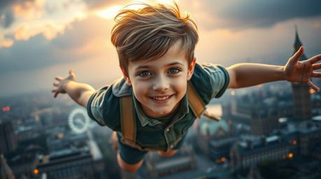 A young boy with refined features is captured mid-flight above the grand and epic cityscape of London, illuminated by glowing