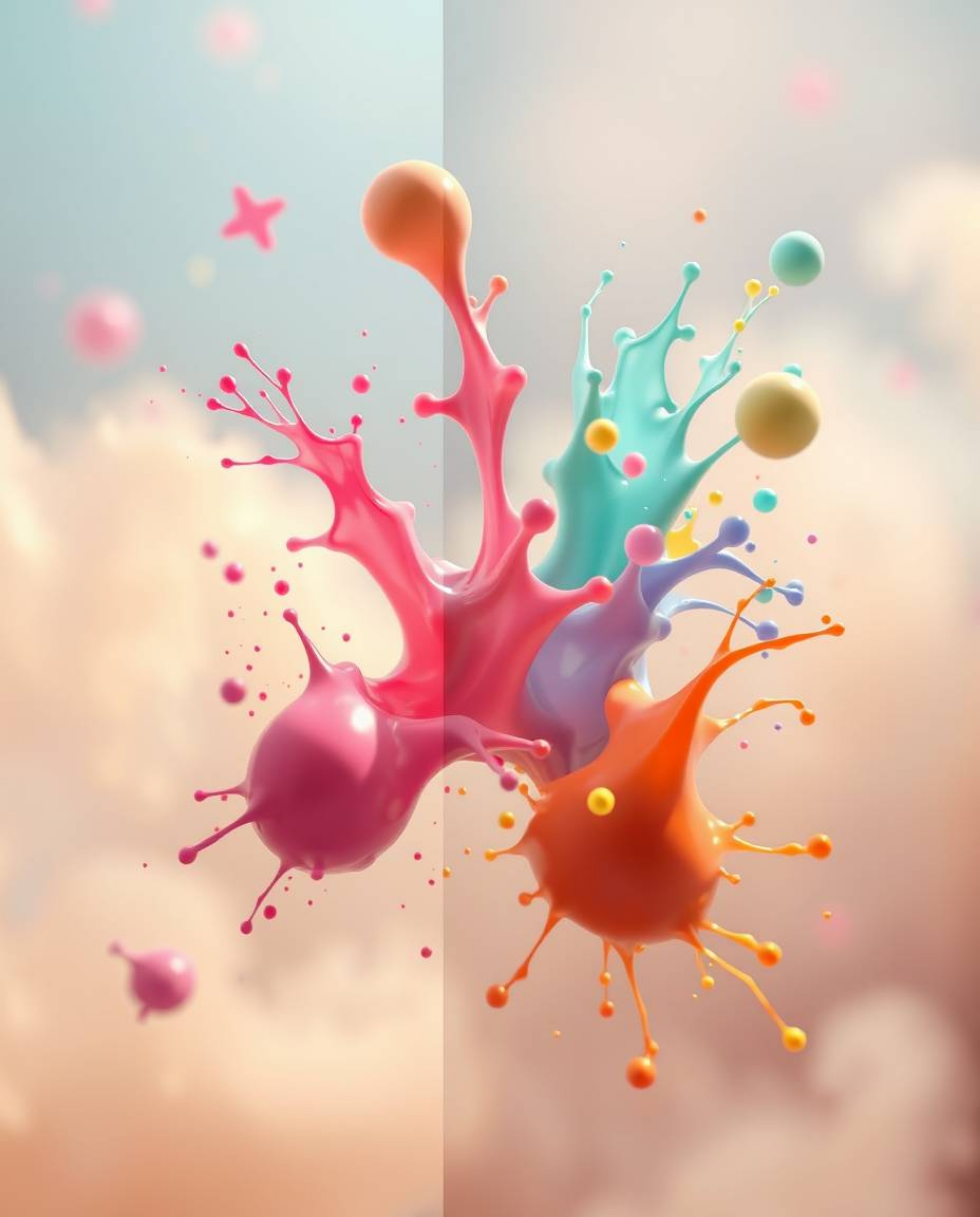 Explore a surreal digital art piece featuring abstract 3D colorful splash shapes gracefully floating in space. This image is 