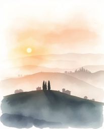 This is a delicate watercolor painting of a sunset over the misty, rolling hills of Tuscany, characterized by low visibility 