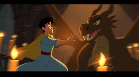 A charming prince battles a fierce dragon in this captivating 1950s-style animation.  Experience dynamic motion, flickering c