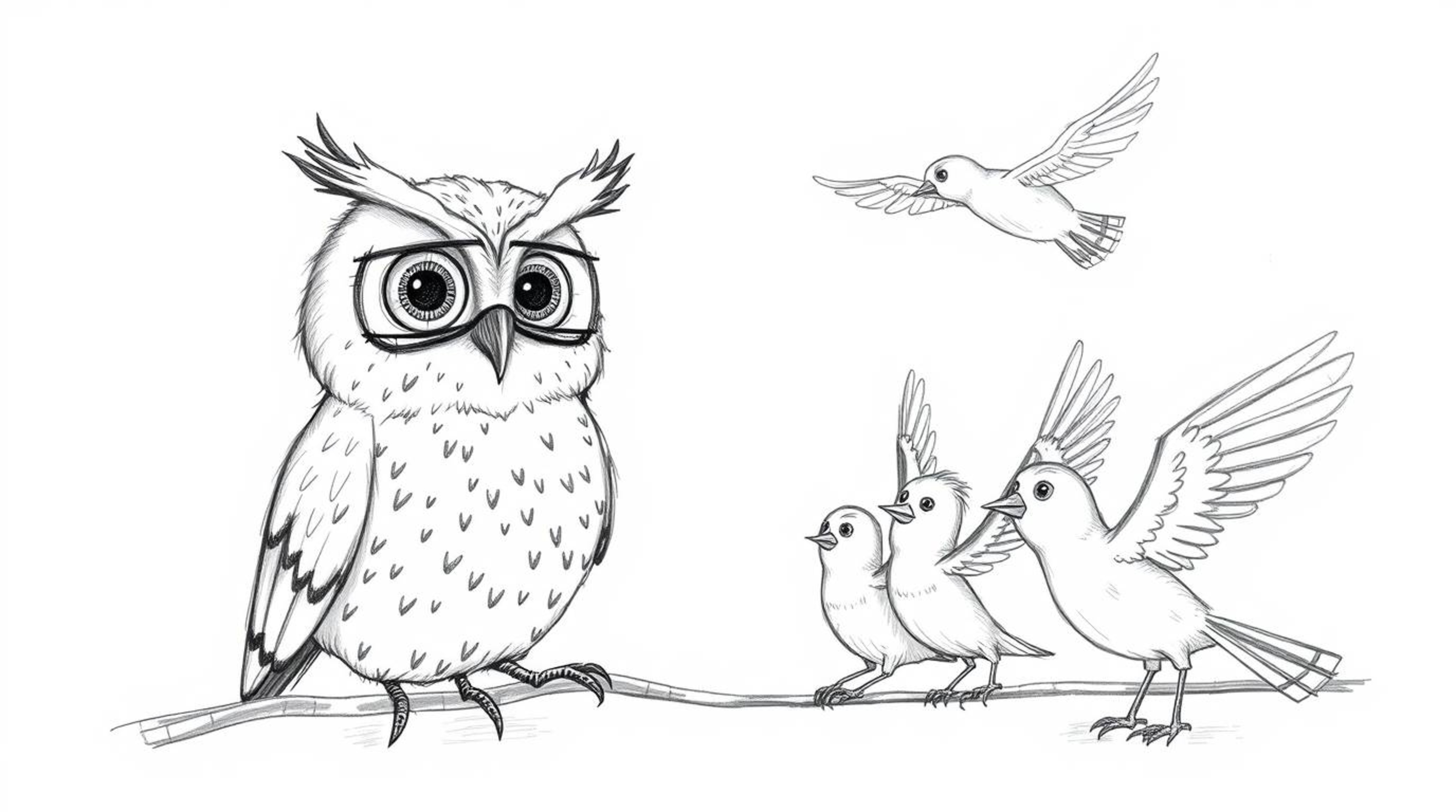 A heartwarming hand-drawn sketch in the style of Pixar animation depicts a blind owl with incredibly expressive eyes guiding 