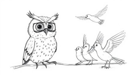 A heartwarming hand-drawn sketch in the style of Pixar animation depicts a blind owl with incredibly expressive eyes guiding 