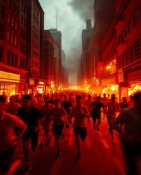 A dynamic city engulfed in flames, illuminated by dramatic chiaroscuro lighting, captures the frenetic energy of people runni