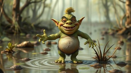 An adorable and charming ogre is captured dancing in a swamp in this vibrant image. The scene is designed with distinct secti
