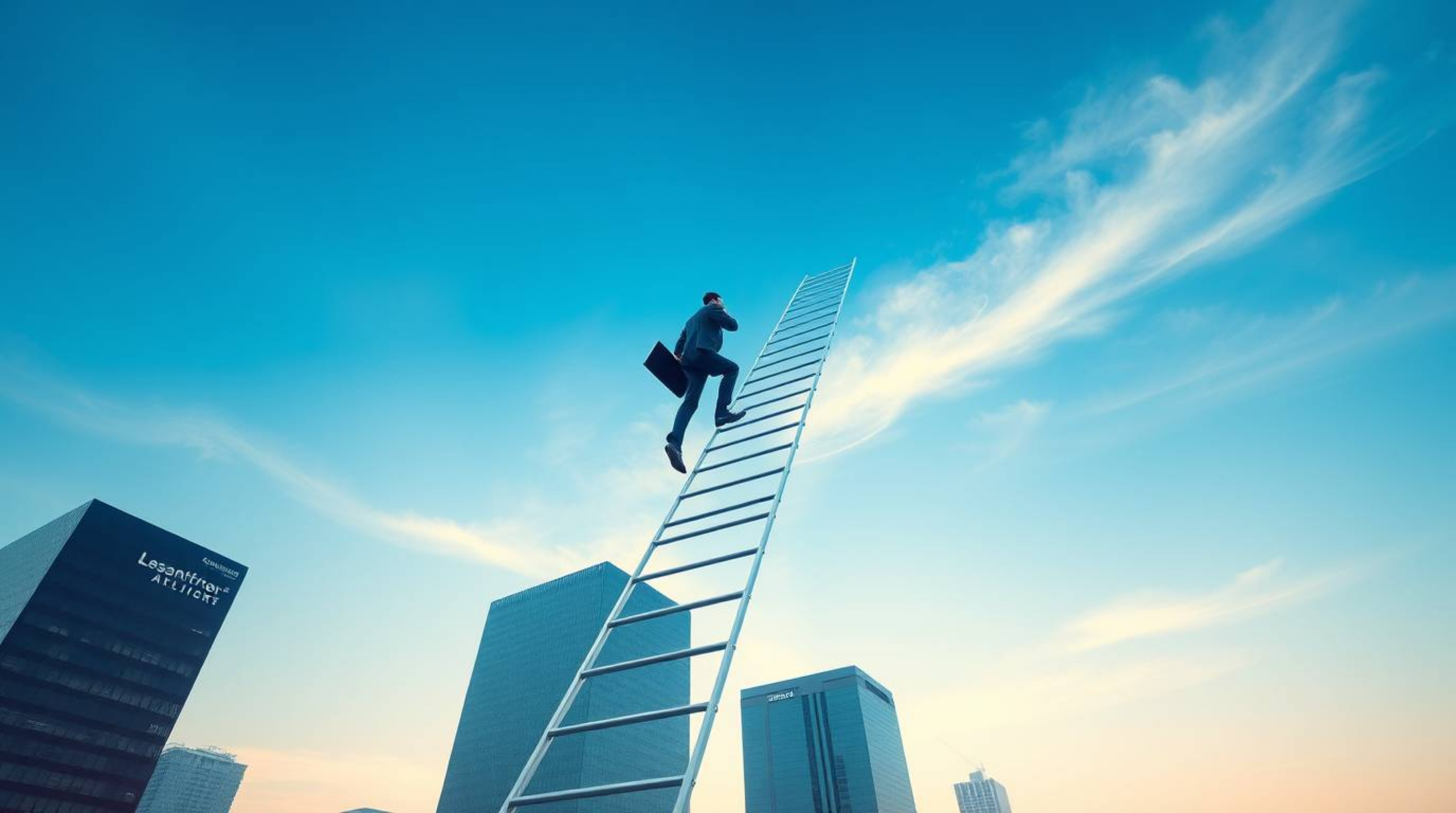 A high-resolution stock photo depicts a businessperson ascending a transparent ladder disappearing into a vibrant blue sky ab
