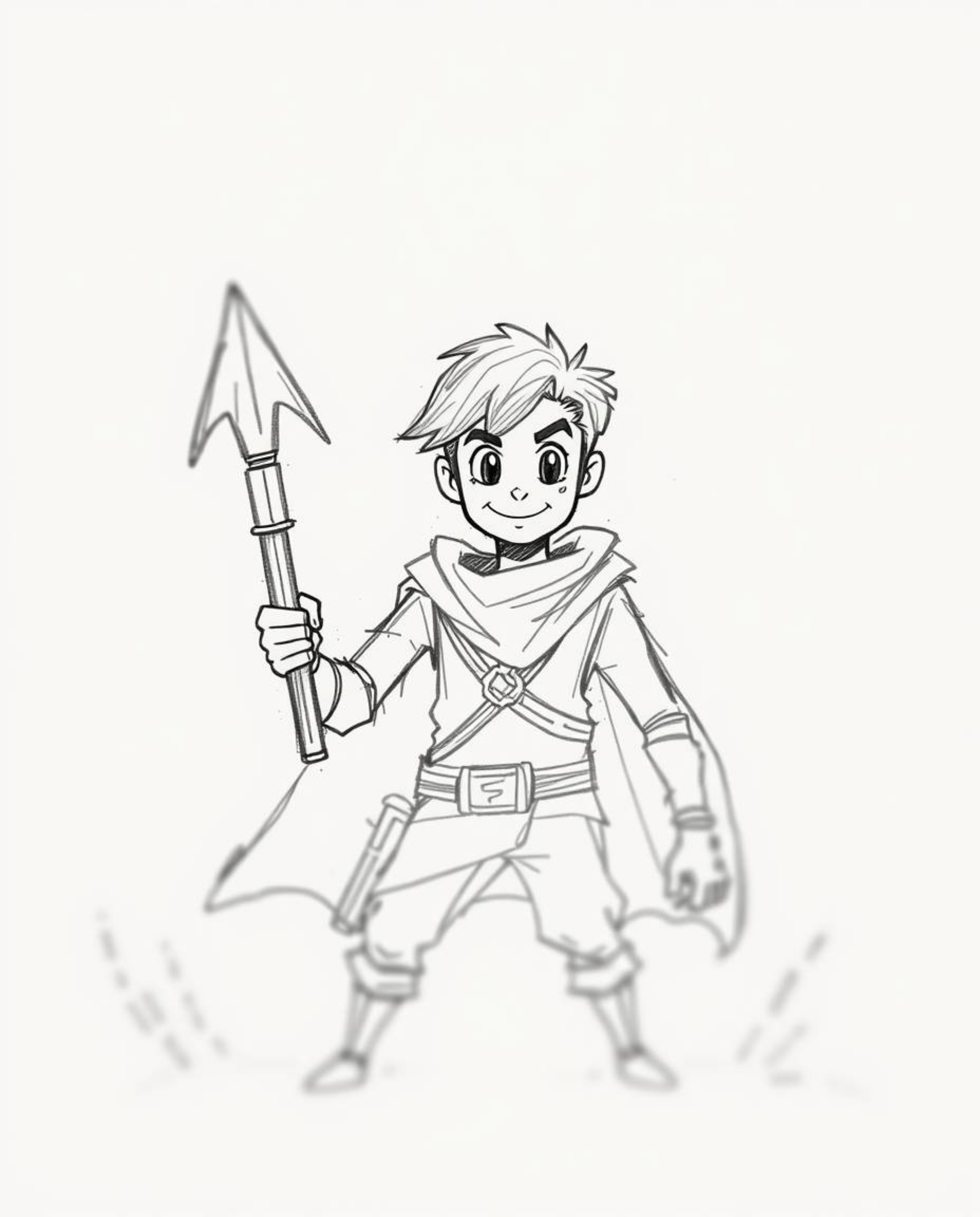 Immerse yourself in a hand-drawn sketch of a brave Disney-style hero embarking on a desert adventure. The rough-textured penc
