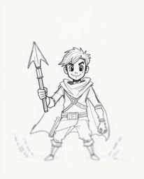 Immerse yourself in a hand-drawn sketch of a brave Disney-style hero embarking on a desert adventure. The rough-textured penc