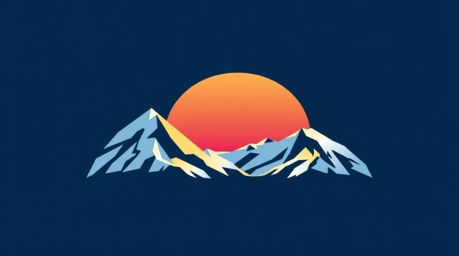 This geometric logo features snow-covered mountains bathed in the soft glow of a pastel sunset. The design employs clean line