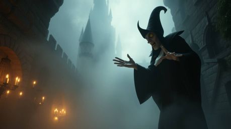 Experience a soft, dreamy atmosphere as a classic Disney villain casts a spell in an old castle.  Hazy, soft light and muted 