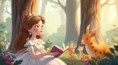 Experience the serene beauty of a princess with soft features and fair skin, singing a gentle melody to whimsical forest anim