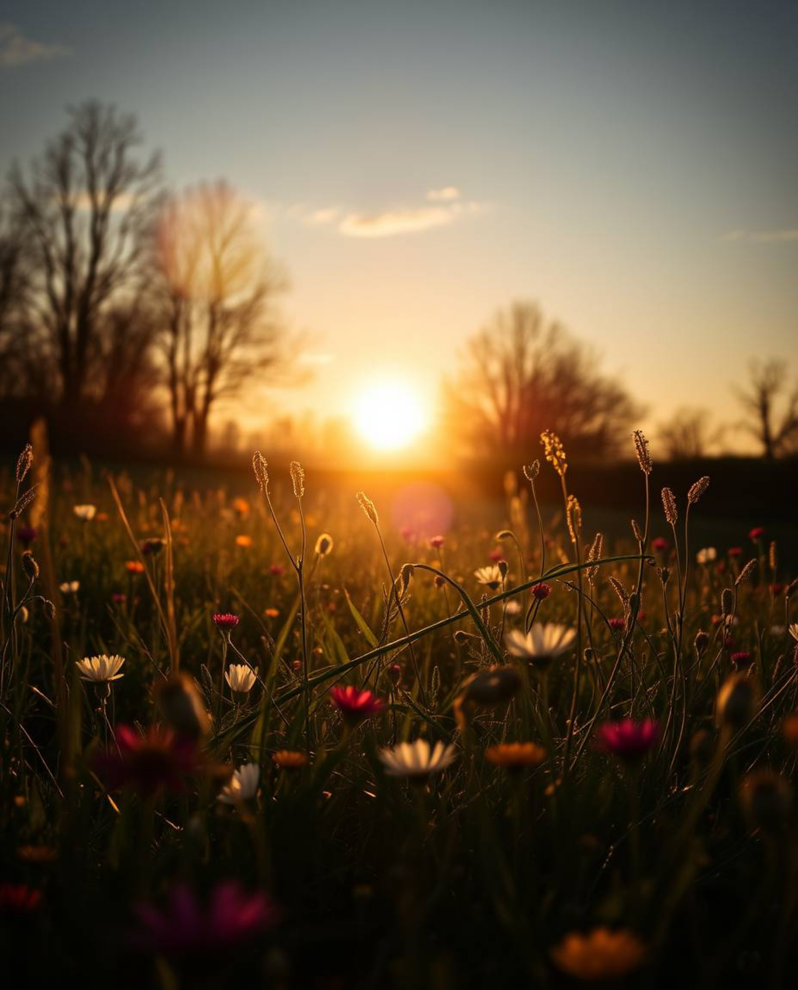 This dramatic cinematic photograph captures a springtime wildflower meadow sunset with striking intensity. The scene is defin