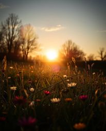 This dramatic cinematic photograph captures a springtime wildflower meadow sunset with striking intensity. The scene is defin