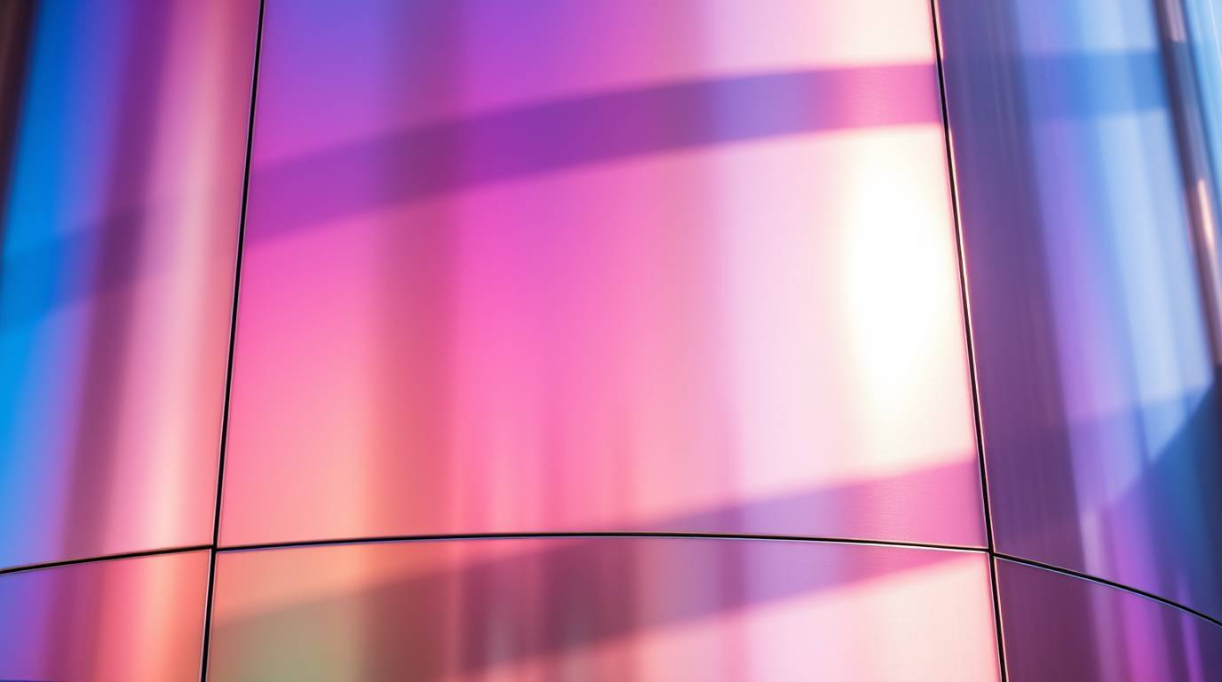 Showcase stunning architectural photography featuring a vibrant iridescent gradient metallic surface.  The images highlight s
