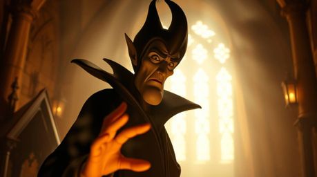 A captivating image of a classic Disney villain casting a spell within a softly lit, ancient castle. The photograph boasts a 