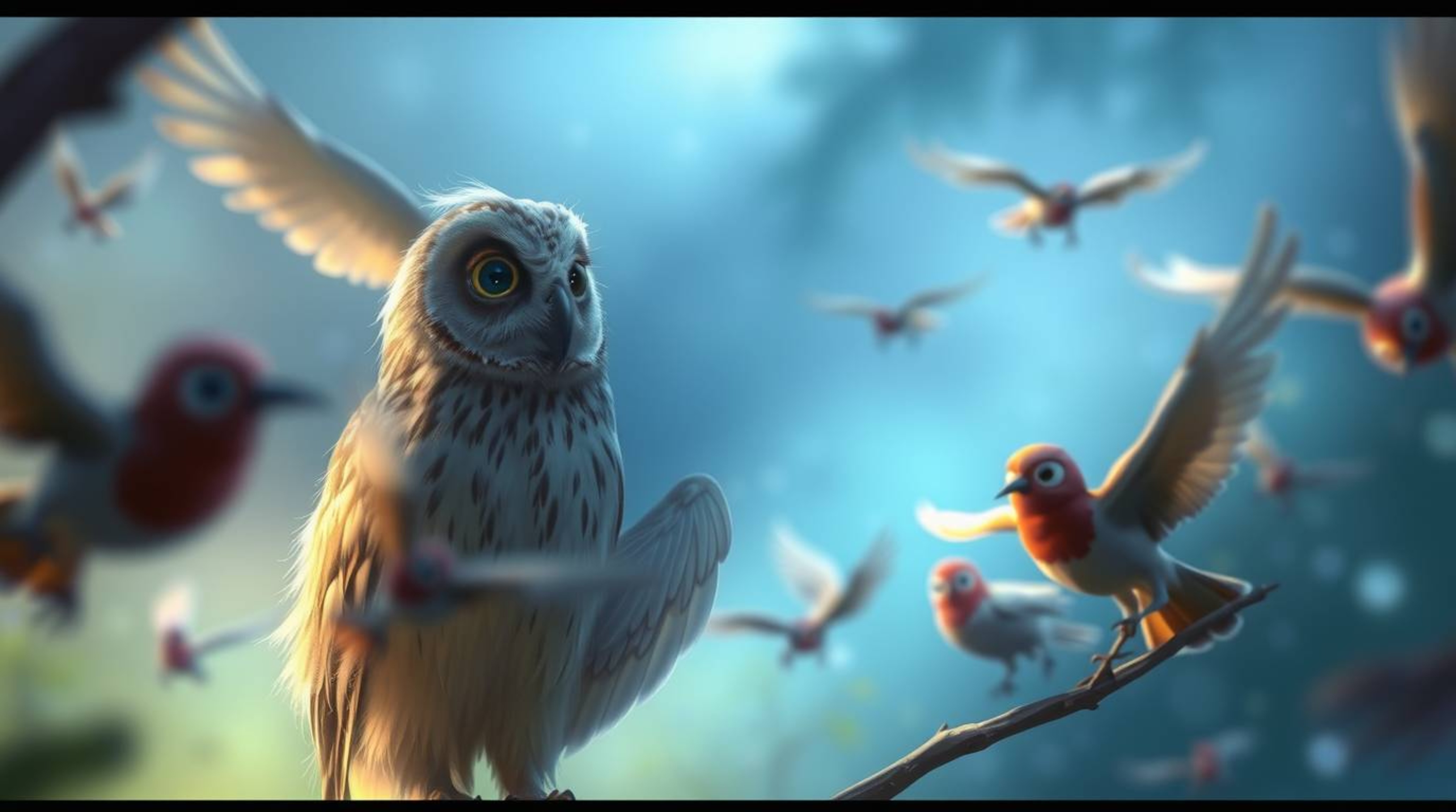 A digitally painted, Pixar-style scene captures a blind owl, with detailed feathers and wise eyes, as it watches birds learni