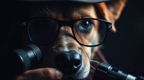 An extreme macro close-up captures a dog detective and his array of high-tech gadgets in stunning detail. The image employs h
