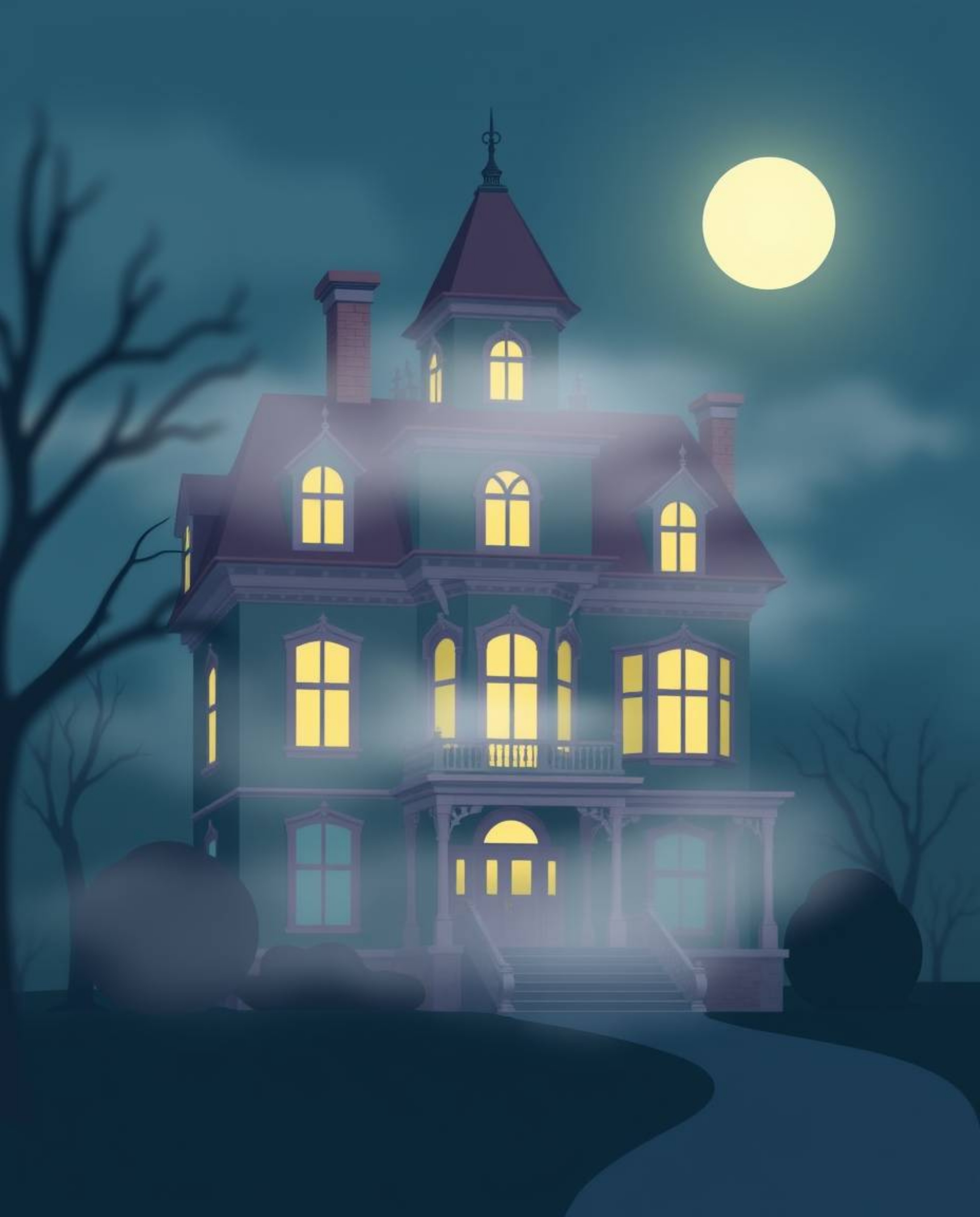 A modern flat design illustration showcasing a fog-covered Victorian mansion under the moonlight.  The artwork features a coo
