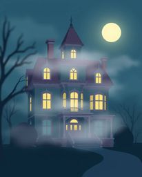 A modern flat design illustration showcasing a fog-covered Victorian mansion under the moonlight.  The artwork features a coo