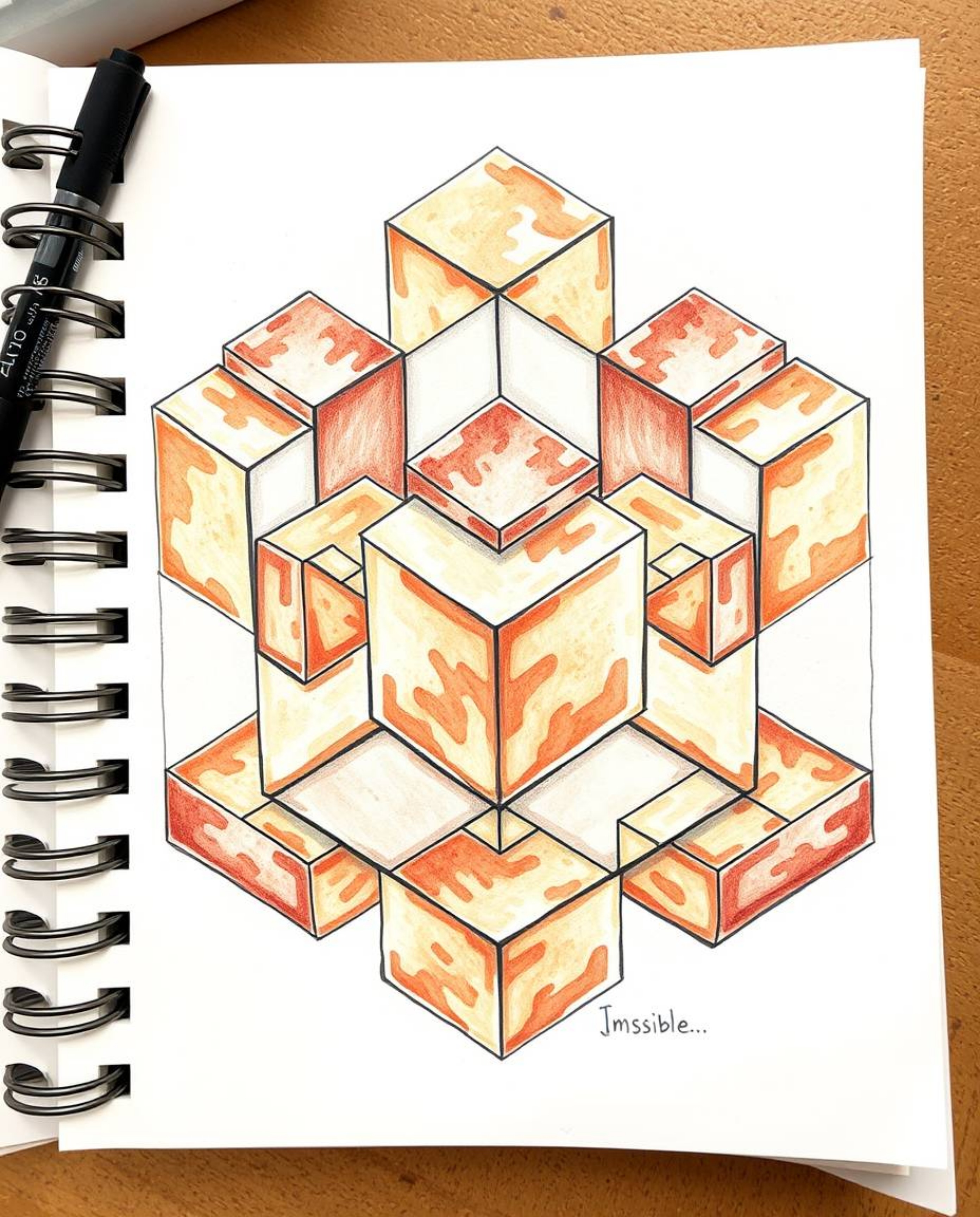 This hand-drawn color sketchnote showcases a captivating Escher-style cube pattern rendered in impossible geometry. The warm 