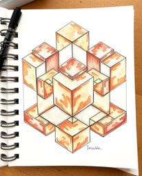 This hand-drawn color sketchnote showcases a captivating Escher-style cube pattern rendered in impossible geometry. The warm 