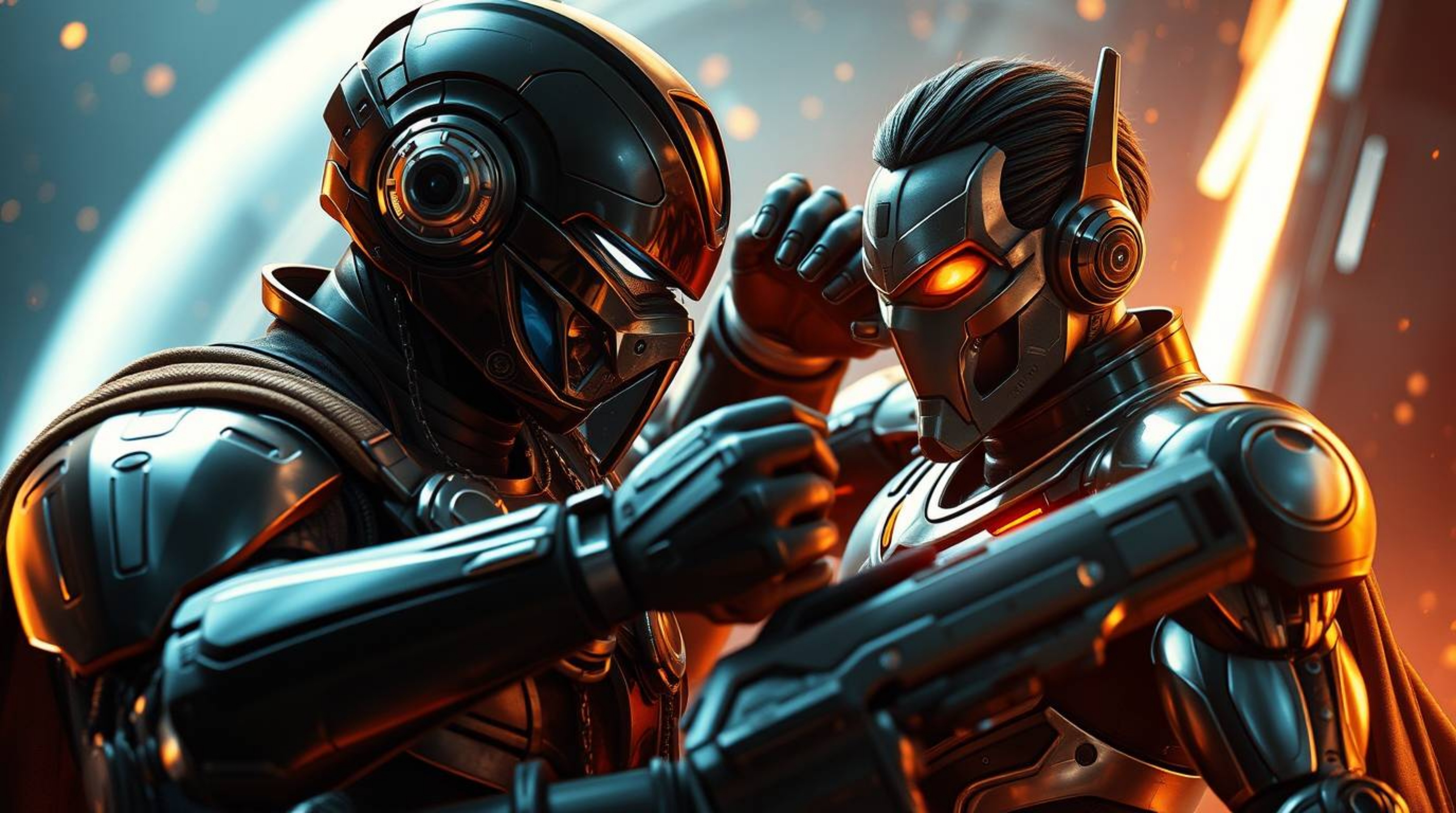 Experience a futuristic sci-fi showdown in this detailed close-up shot featuring a superhero locked in intense combat with a 