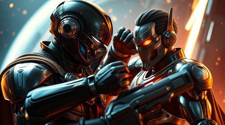 Experience a futuristic sci-fi showdown in this detailed close-up shot featuring a superhero locked in intense combat with a 